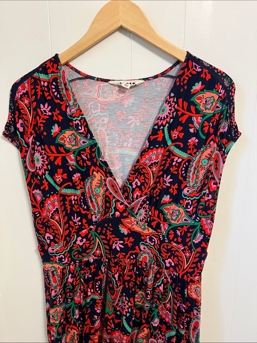 Boden Vanessa Navy Exotic Paisley D0867 Faux Wrap Jersey Knit Midi Dress US 10 - Picture 3 of 13